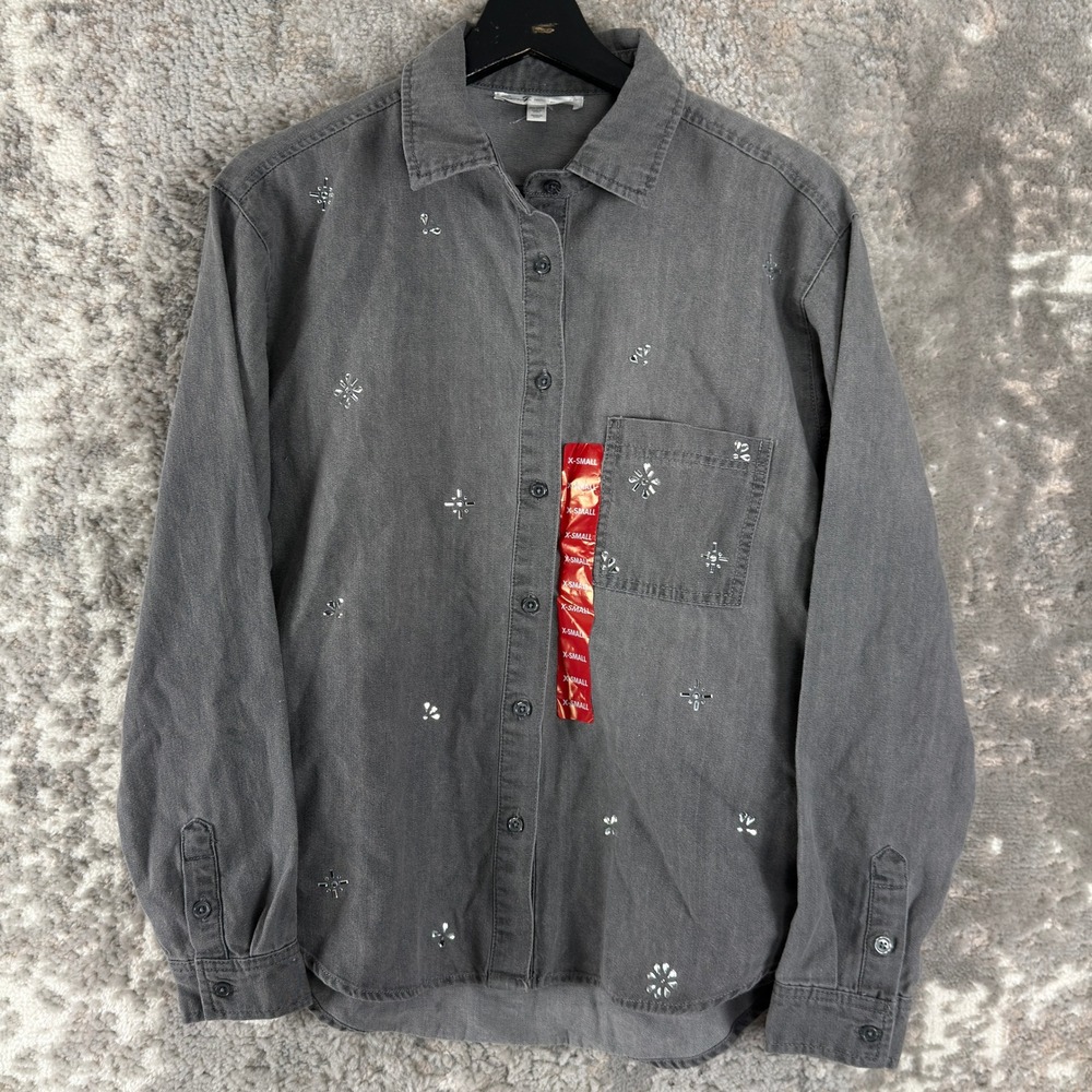 Seven7 Size XS Embellished Chambray Button Front Shirt Crystal Smoke Long Sleeve